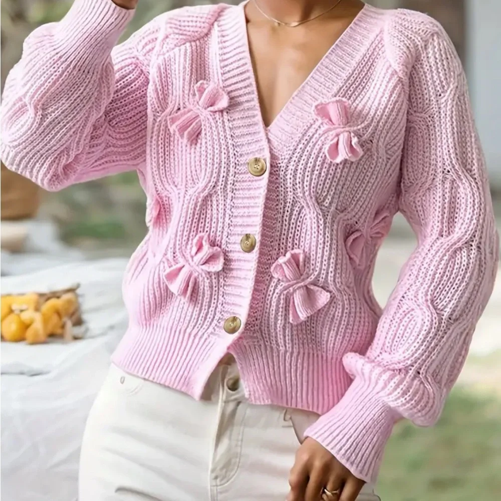 New Cardigan Pink Knitted Women's Sweater with Bow Details - Picture 2 of 6